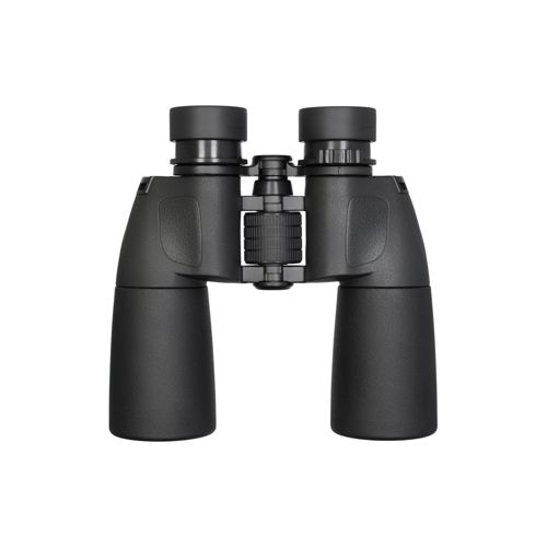Schwarze Fernglas mit Fokusrad und Objektivkappen auf weißem Hintergrund.