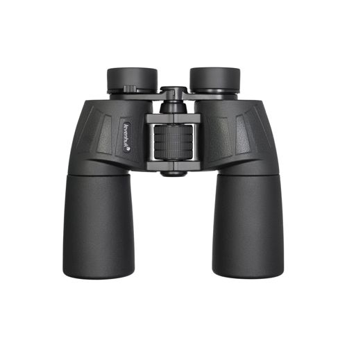 Schwarze Fernglas mit Fokusrad und Riemenhalterung, isoliert auf weißem Hintergrund.