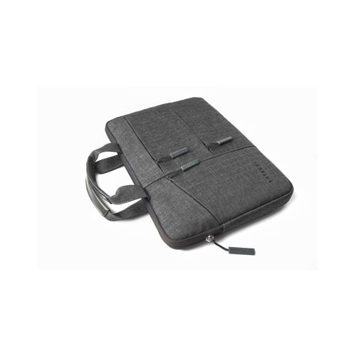 Borsa grigia per laptop con manici e cerniera su sfondo bianco.