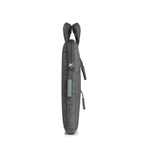 Custodia grigia per laptop con manici, cerniera e etichetta.
