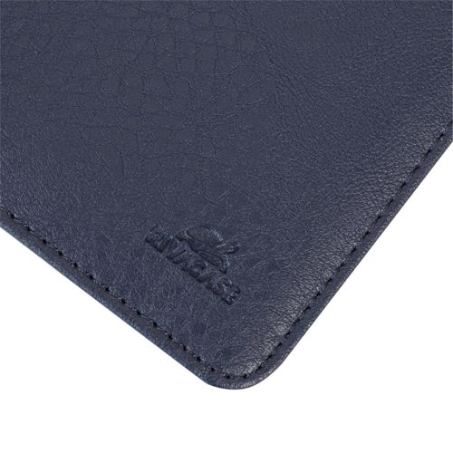 Dark blue faux leather case with embossed logo and stitching.