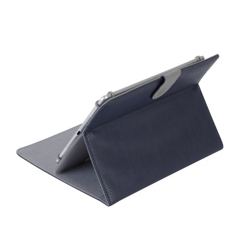 A dark blue tablet in its stand, open on a white background.