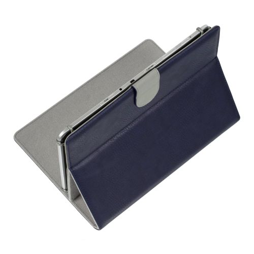 A dark blue tablet case standing upright with a gray interior.