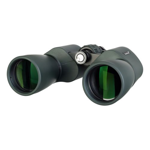 Dunkelgrüne Fernglas mit silbernem Fokusrad und grünen Linsen.