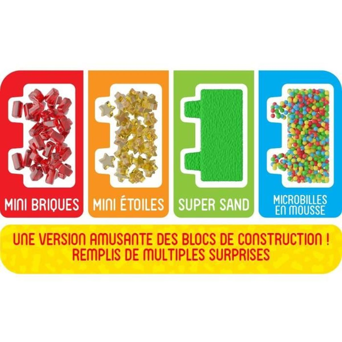 Quattro pannelli colorati con giocattoli: mattoncini rossi, stelle dorate, sabbia verde, perline.