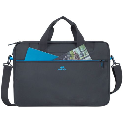 Borsa grigia scuro per laptop con accenti blu, manici e tracolla.