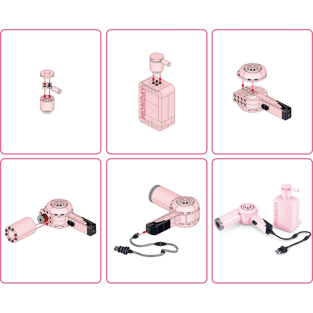Illustrazioni mostrano l'assemblaggio di asciugacapelli e dispenser sapone rosa.
