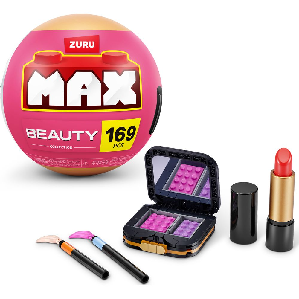 Un set gioco bellezza rosa ZURU MAX con ombretto, rossetto e pennelli.