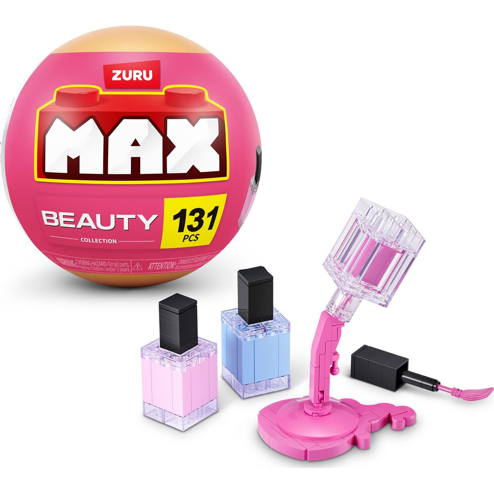 Una palla rosa ZURU MAX Beauty da 131 pezzi con boccette di smalto e un espositore.