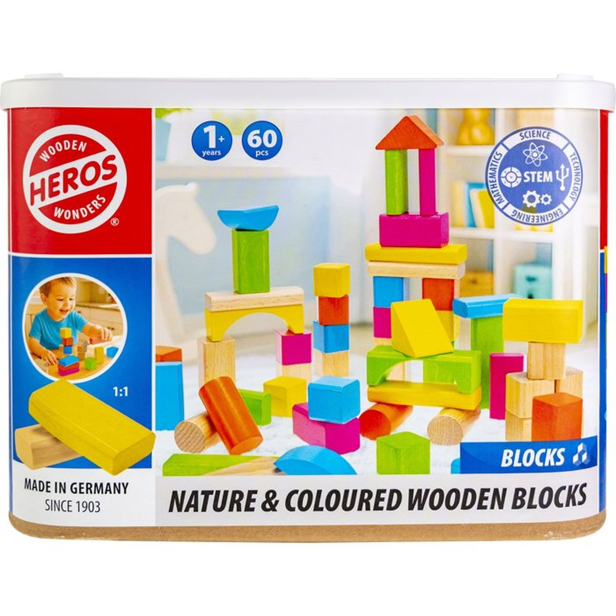 Confezione con blocchi da costruzione in legno colorati per bambini, etichettata 'Nature & Coloured Wooden Blocks'.