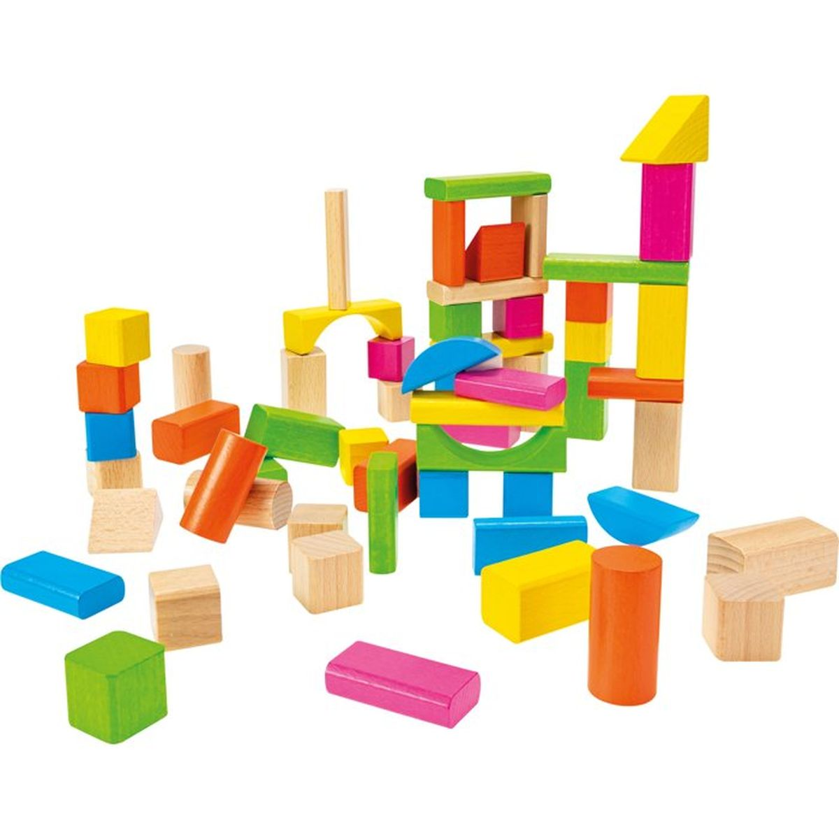 Una pila di blocchi di legno colorati di varie forme e dimensioni.