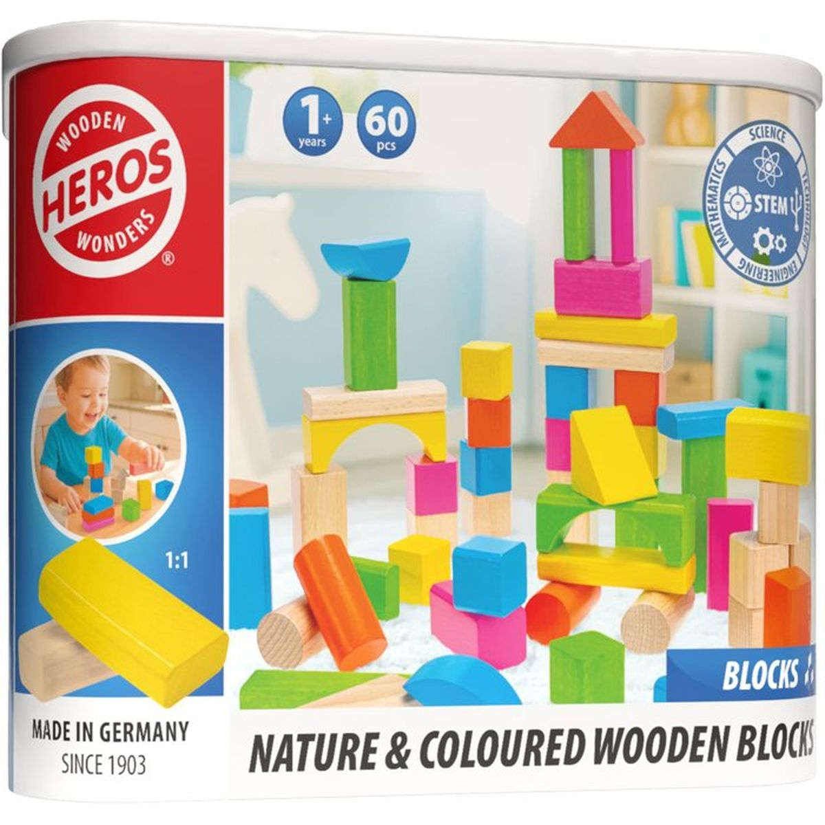 Un mucchio colorato di blocchi di legno di varie forme e colori.