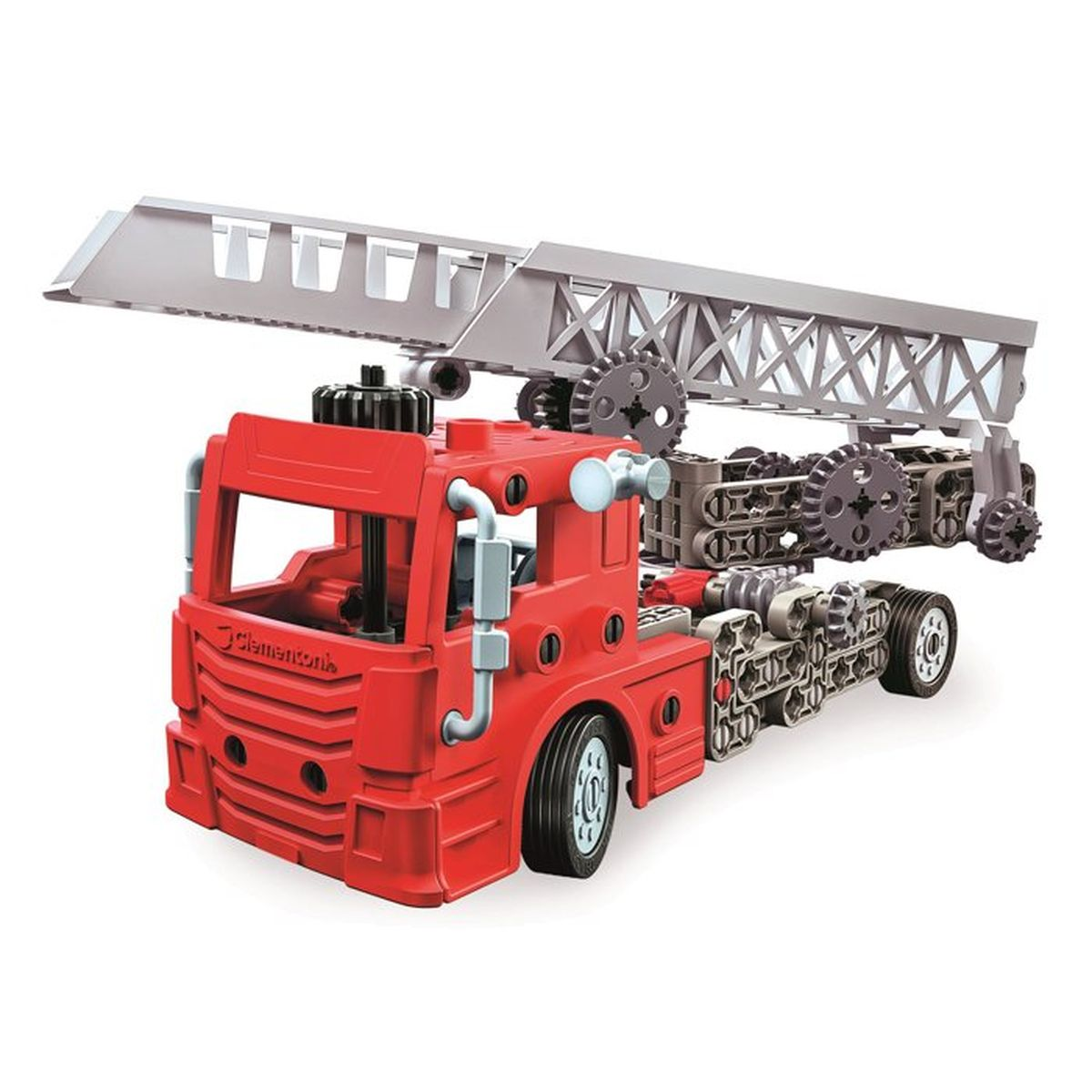 Un camion dei pompieri giocattolo rosso con scala estensibile e ingranaggi.