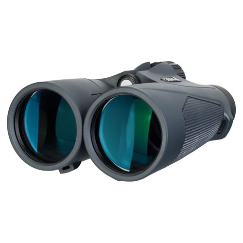 Binocolo grigio con lenti blu e verdi, accenti bianchi.