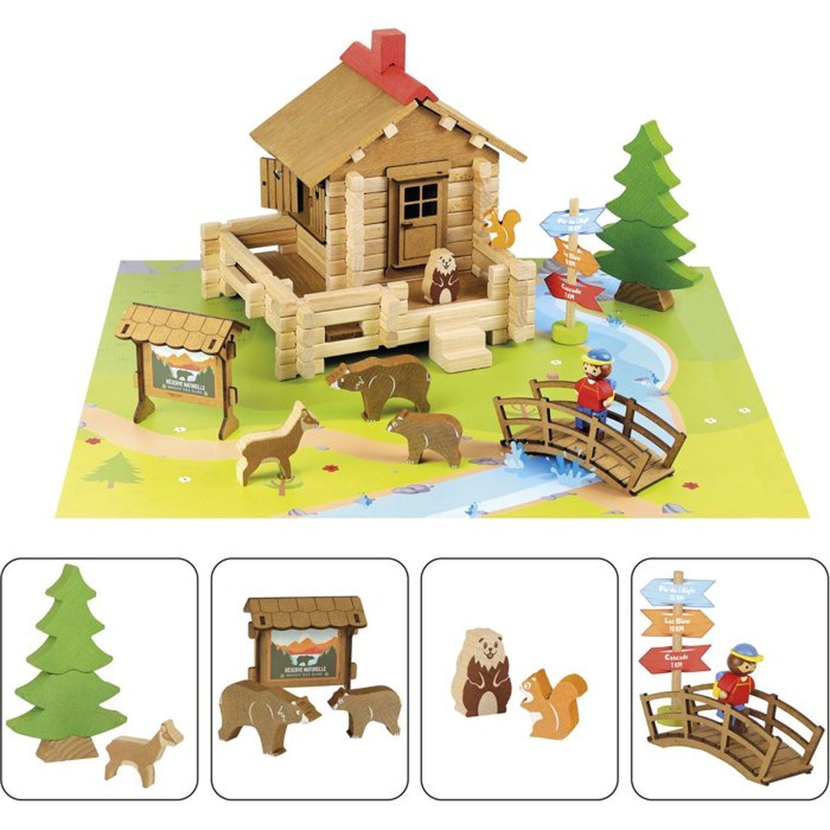 Capanna di legno con animali, ponte e albero su una mappa.