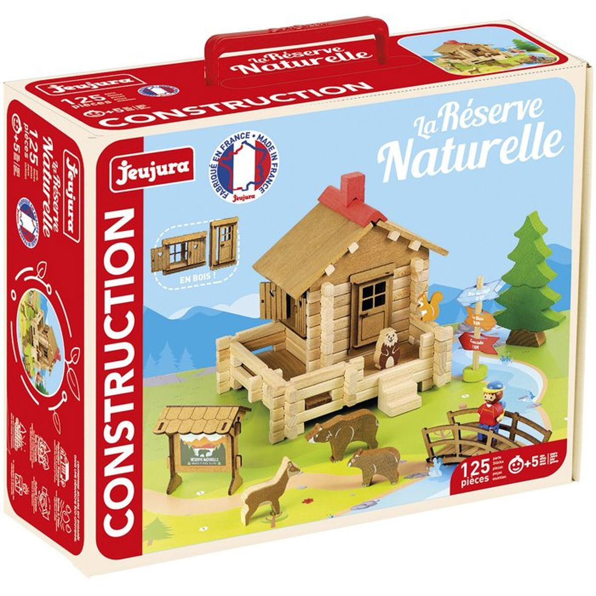 Kit di costruzione casa in legno con animali e alberi, dettagliato sulla confezione.
