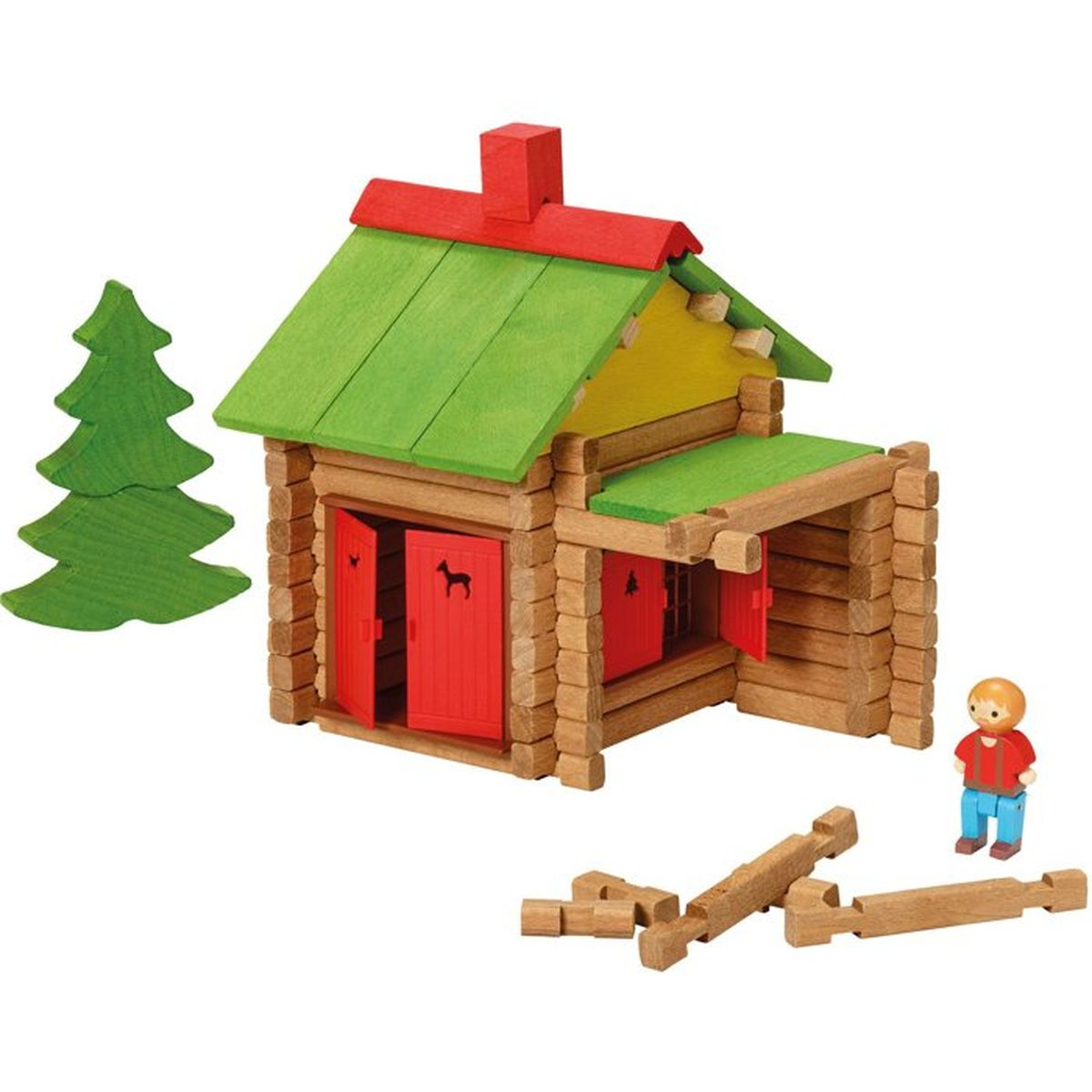 Capanna in legno giocattolo con tetto verde, porte rosse, albero e figura.