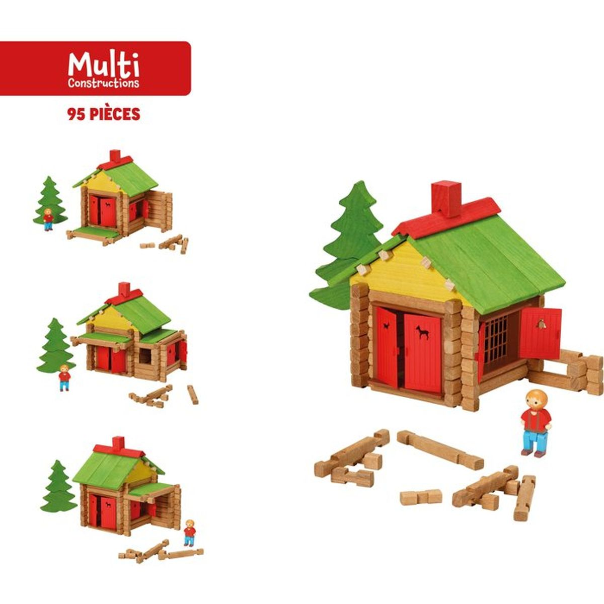 Blocchi di legno: tre casette con alberi e figure, una casa grande con figura.