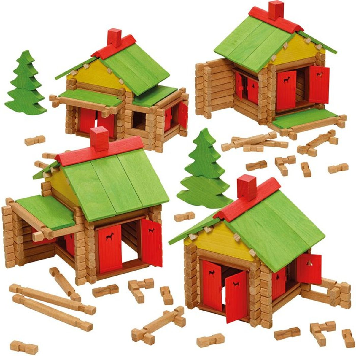 Quattro case di blocchi di legno con porte rosse, tetti verdi e pareti gialle.
