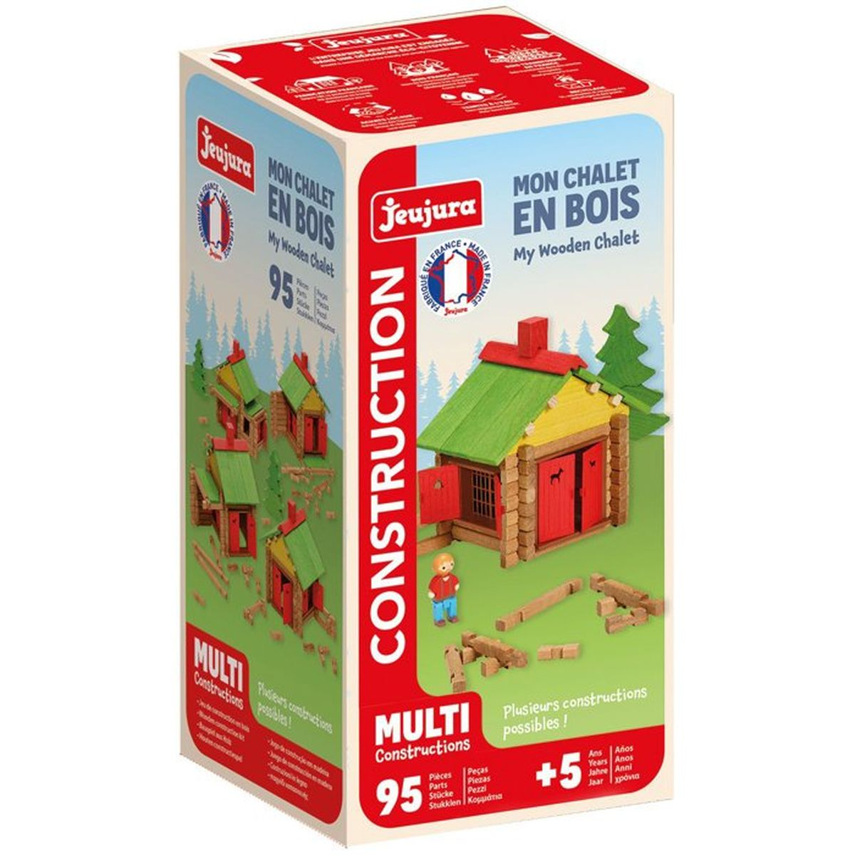 Scatola di un set da costruzione di chalet in legno con pezzi e una figura.