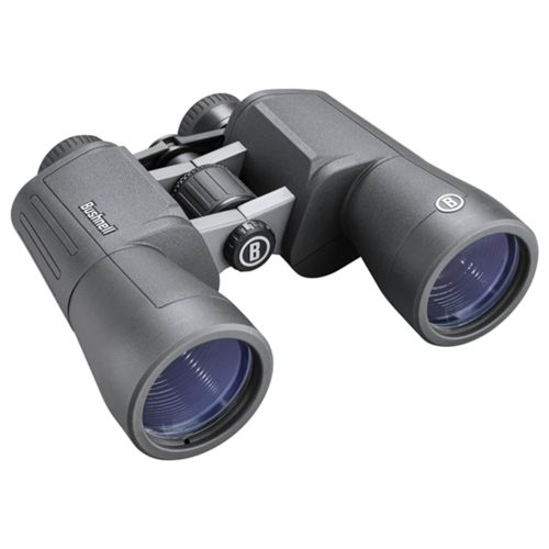 Binocolo Bushnell grigio con lente blu e rotella di messa a fuoco.