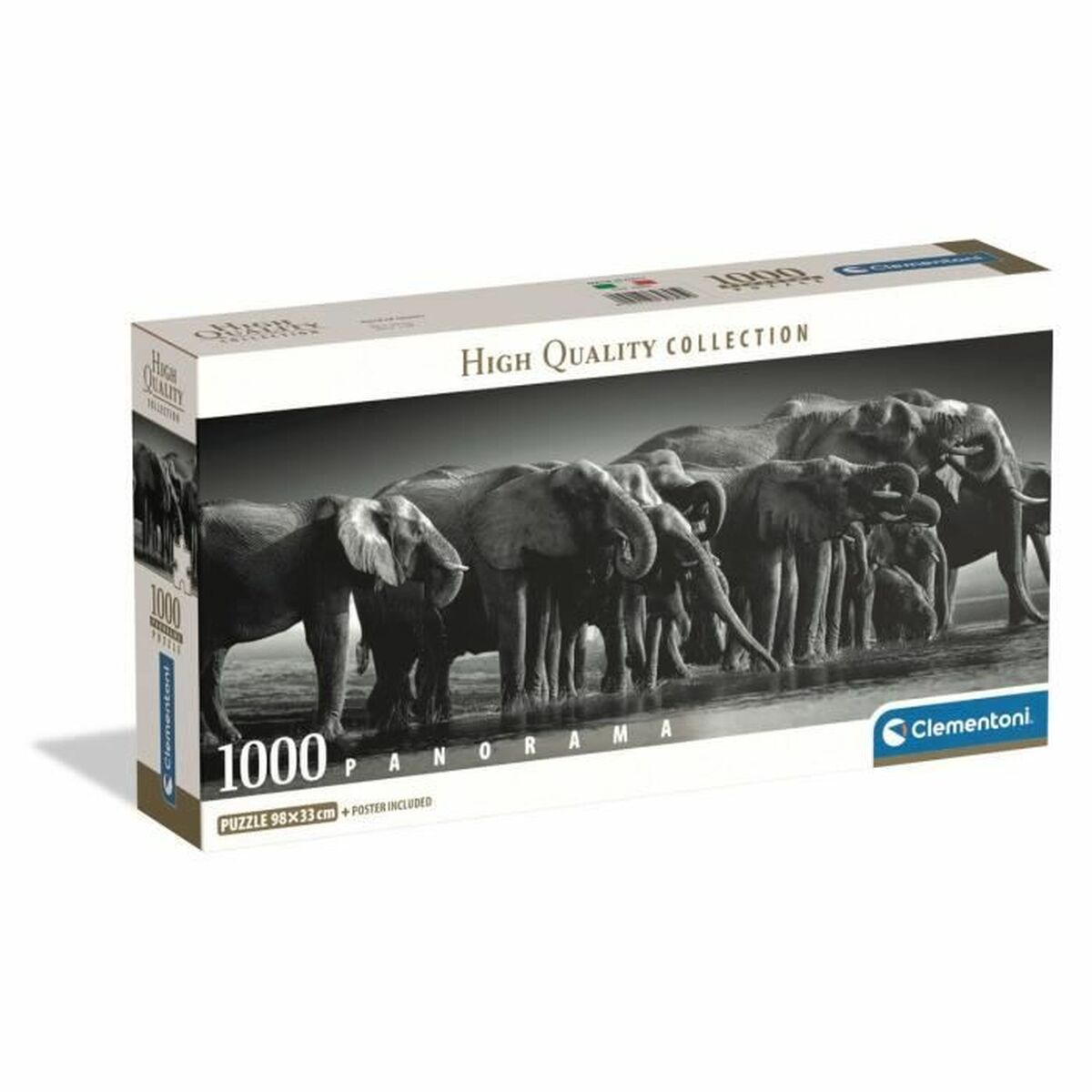 Caja de rompecabezas con manada de elefantes junto al agua, en blanco y negro.