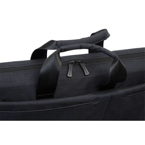 Close-up of black zippers and handles on a fabric bag.