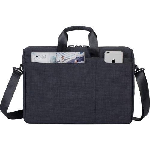 Dark gray laptop bag with handles, shoulder strap, magazine, and phone.