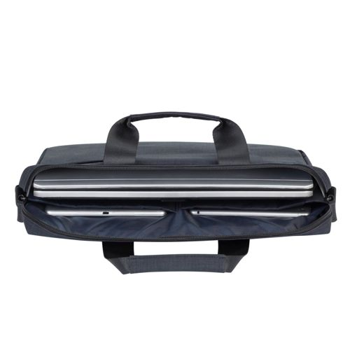 A dark laptop bag with two laptops and a tablet inside.