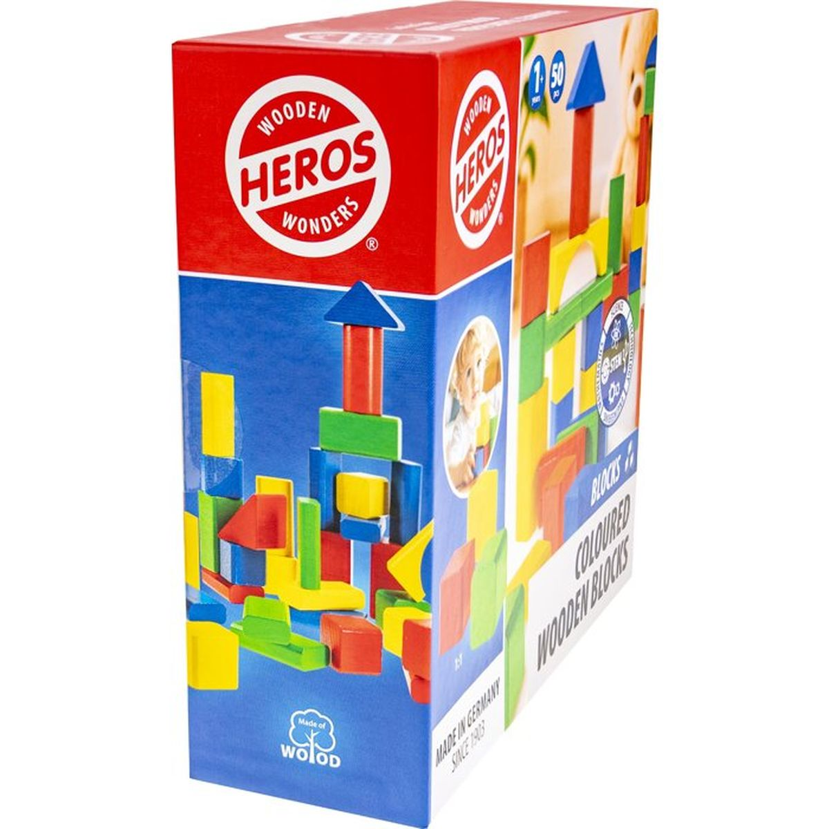 Scatola di blocchi di costruzione in legno colorati con loghi e immagini di bambini.