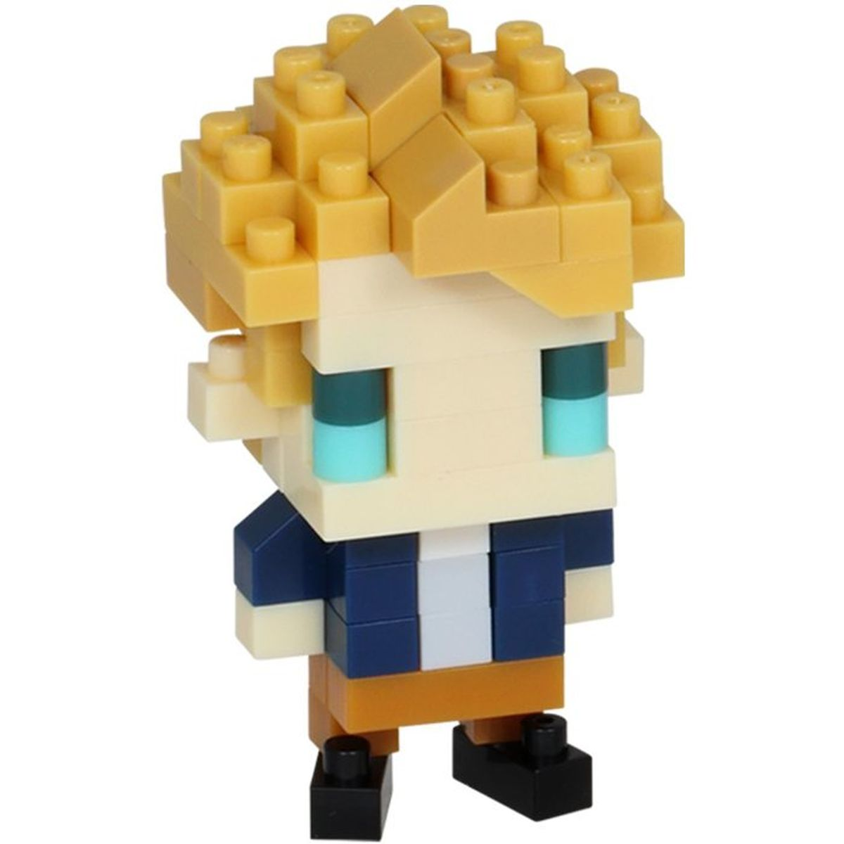 Una piccola figura fatta di blocchi da costruzione gialli e beige con accenti blu.