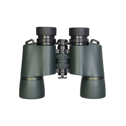 Dunkelgrüne Fernglas mit schwarzen Okularen und Fokusrad.