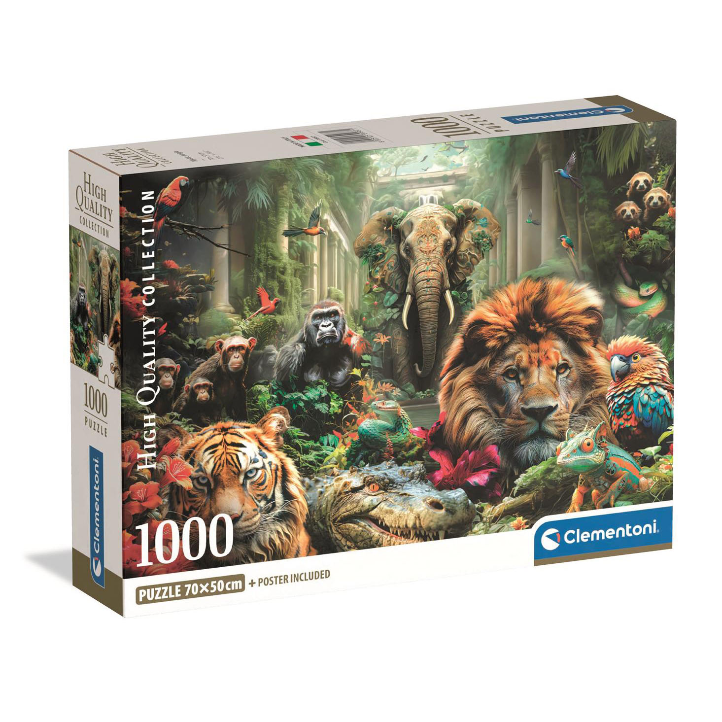 Caja de rompecabezas con animales de la jungla: león, tigre, elefante, gorila, monos, loros, cocodrilo.