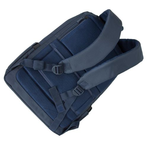 Vista posteriore di uno zaino blu navy con spallacci imbottiti e pannello posteriore in rete.
