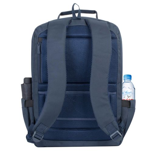 Zaino blu scuro con spallacci imbottiti e portaborraccia.