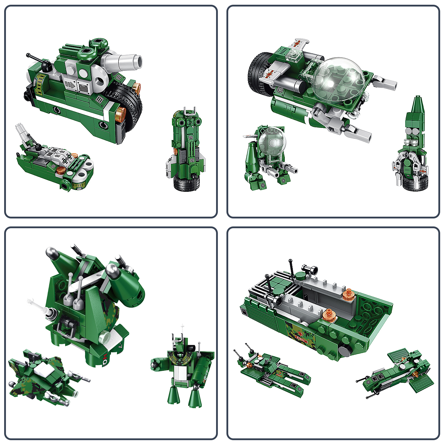 Veicoli Lego verdi: carro armato, aereo, robot e sottomarino.