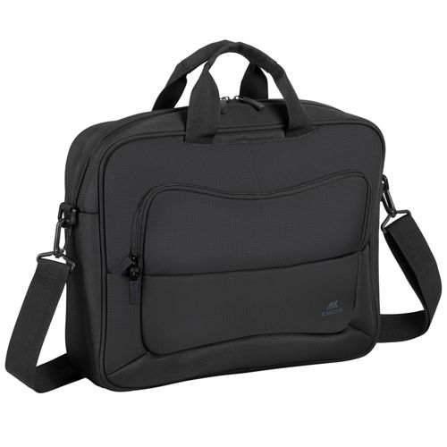Una borsa nera per laptop con manici e tracolla.