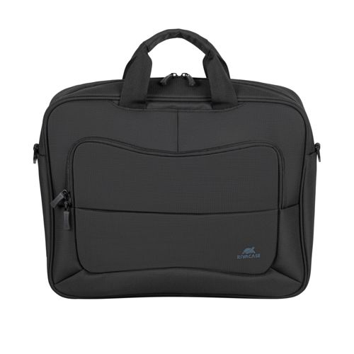 Borsa nera per laptop con due manici e tasca frontale con cerniera.