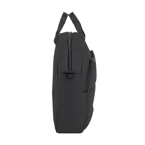 Borsa nera per laptop con manici e tasche esterne.