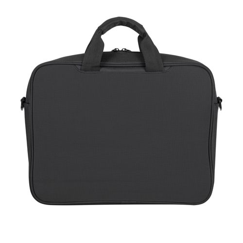 Una borsa nera per laptop con manici e tracolla.