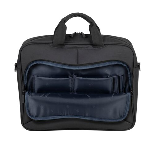 Borsa nera per laptop con scomparto principale aperto e organizer blu.