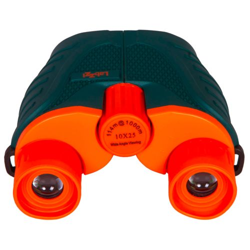Binocolo verde e arancione con rotella di messa a fuoco ed etichettatura lente.