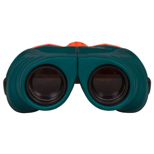 Binocolo verde e arancione su sfondo bianco.