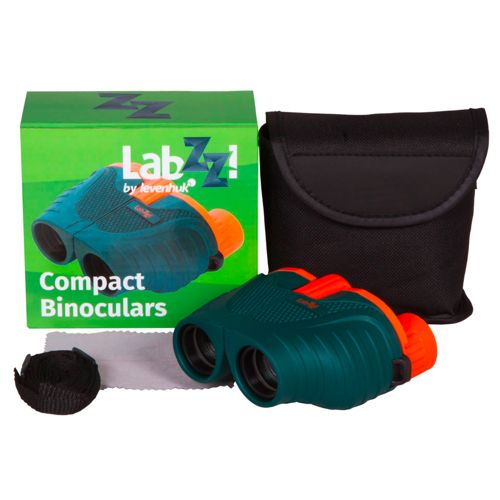 Binocolo compatto verde e arancione con confezione, custodia e panno.