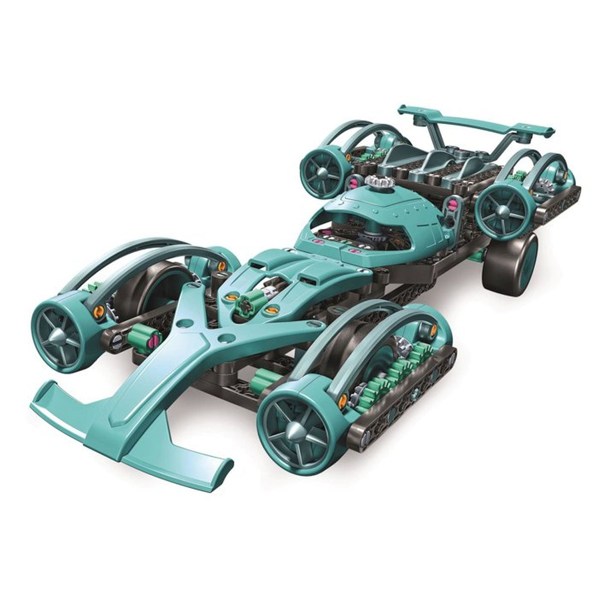 Modello di auto da corsa futuristica color verde acqua con dettagli meccanici complessi e ingranaggi visibili.