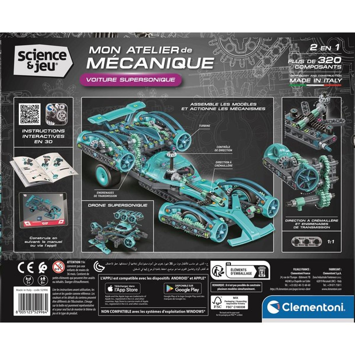 Kit di costruzione per un veicolo con ingranaggi, cingoli e ali, Made in Italy.