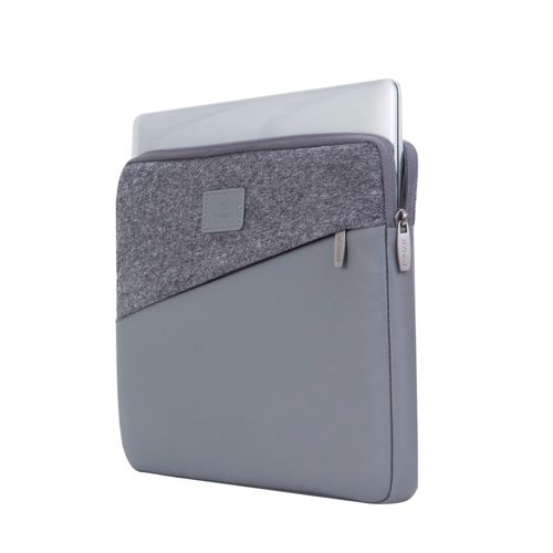 Custodia grigia per laptop con inserto in tessuto grigio e cerniera. Un laptop è parzialmente visibile.