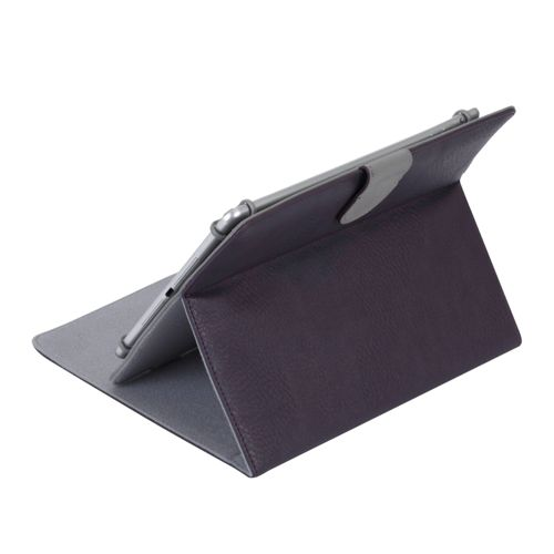 Un supporto per tablet scuro, effetto pelle, in orizzontale, aperto su un lato.