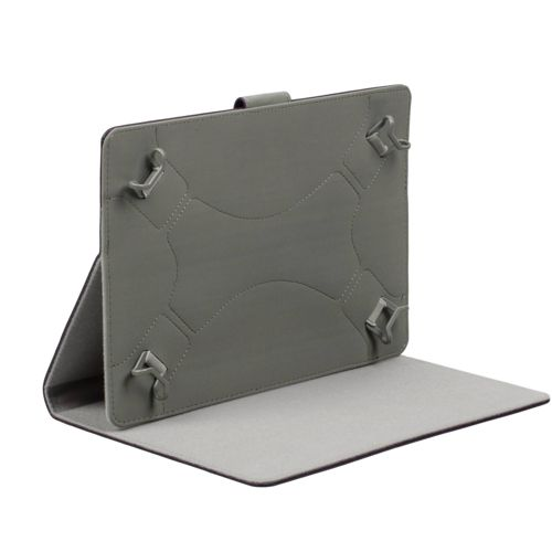 Custodia grigia per tablet con clip di tenuta e funzione stand, aperta.