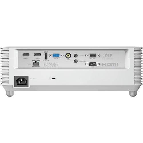 Rückseite eines weißen Projektors mit Anschlüssen wie HDMI, LAN, VGA, Audio und Netzteil.